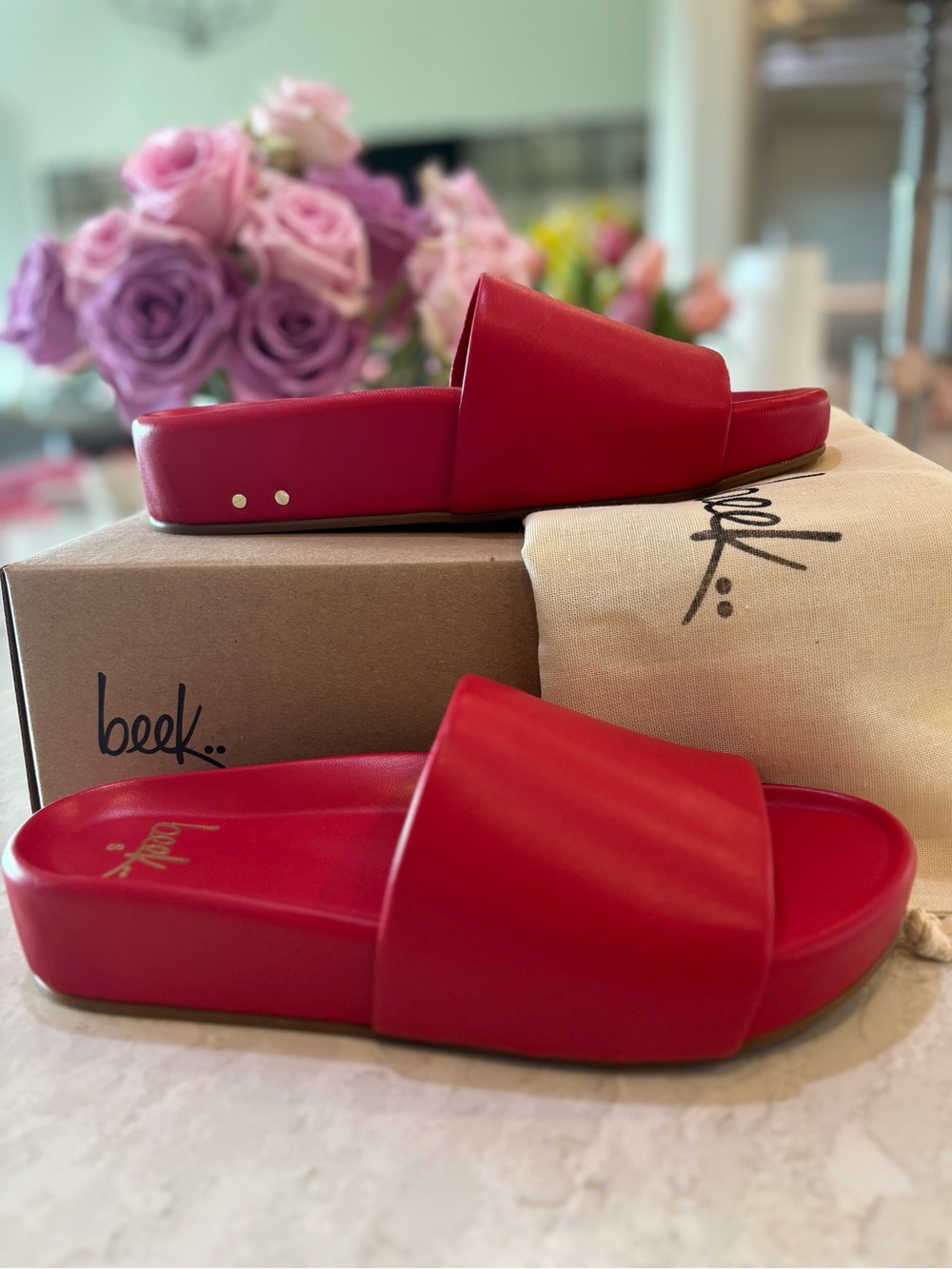 Beek Pelican Lipstick Red Leather Sandals. New with Box. - Picture 3 of 8
